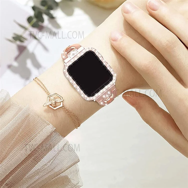 Cinturino per orologio in metallo a forma di X + custodia protettiva decorata con doppia fila di cristalli antiscivolo per Apple Watch Series 3 / 2 / 1 38mm - Rose Gold