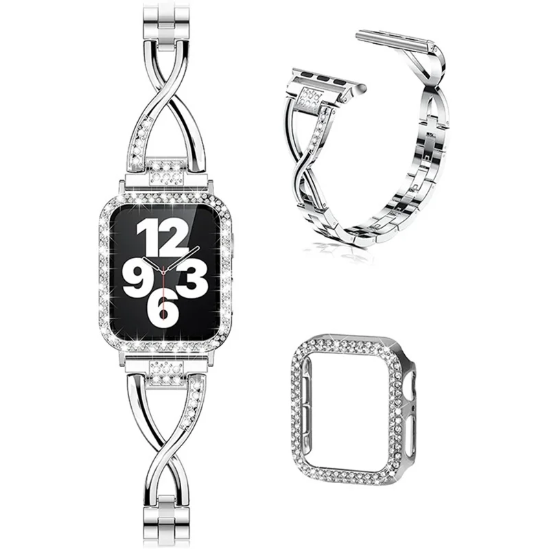 Rhinestone Decor Protective Case + X-shape Metal Watch Strap Scratch-resistant Replacement for Apple Watch Series 3/2/1 42mm - Silver