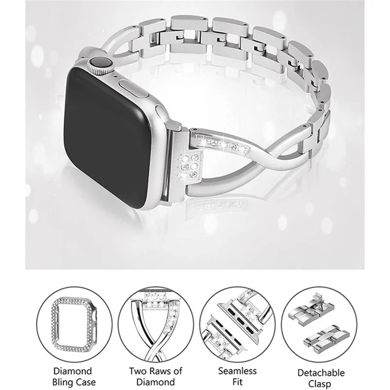 Rhinestone Decor Protective Case + X-shape Metal Watch Strap Scratch-resistant Replacement for Apple Watch Series 3/2/1 42mm - Silver