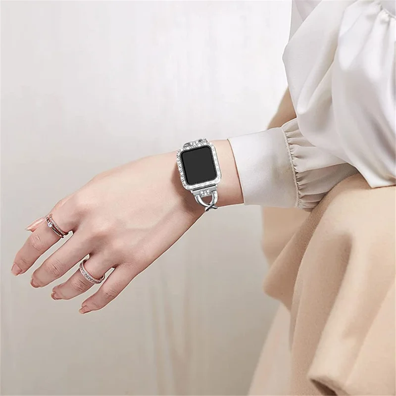 Rhinestone Decor Protective Case + X-shape Metal Watch Strap Scratch-resistant Replacement for Apple Watch Series 3/2/1 42mm - Silver