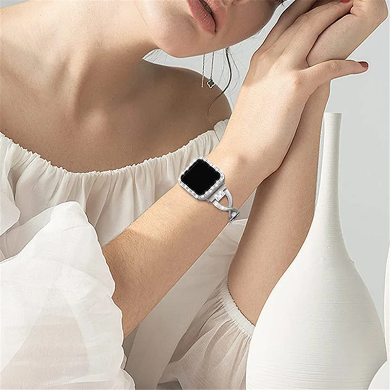 Rhinestone Decor Protective Case + X-shape Metal Watch Strap Scratch-resistant Replacement for Apple Watch Series 3/2/1 42mm - Silver
