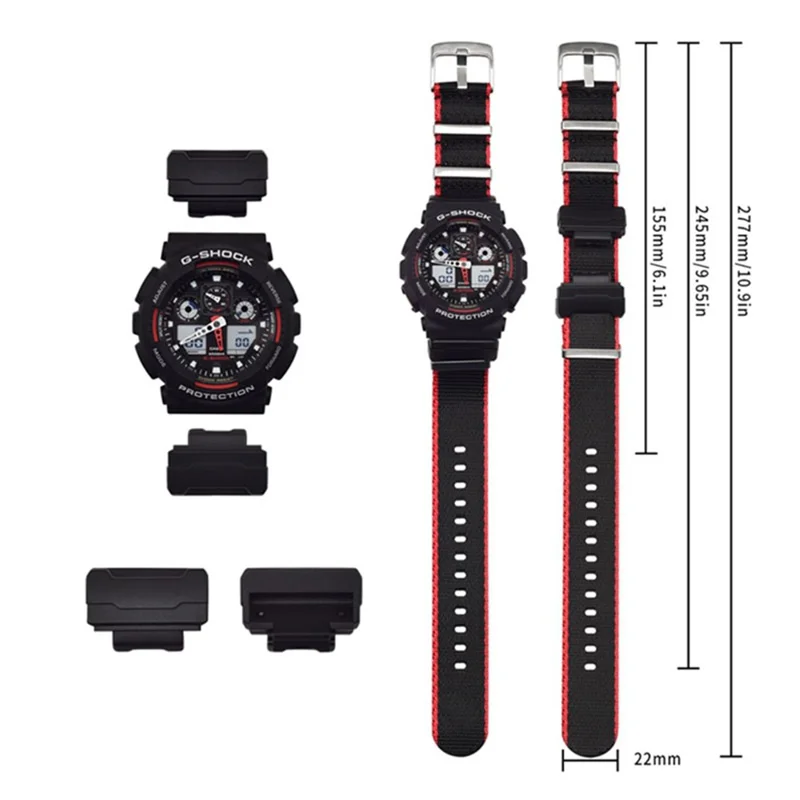 3 Watch Band Loop Watch Strap Replacement Nylon Canvas Watch Band for Casio GA-110/G-8900/DW-5600 - Green+Red