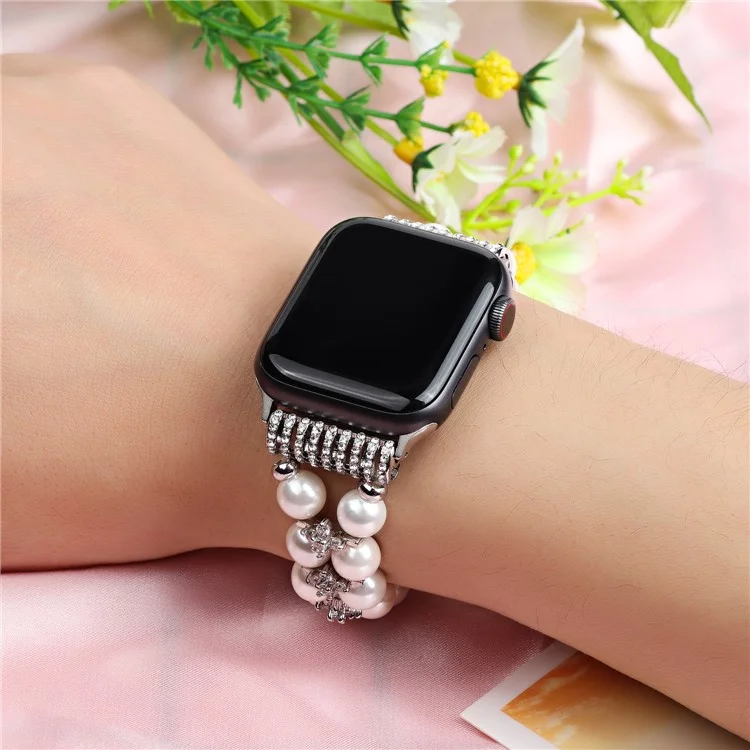 Pulseira de relógio inteligente com decoração de pérolas falsas e strass para Apple Watch Series 10 42mm / 9 8 7 41mm / 6 5 4 SE SE (2022) SE (2023) 40mm / 3 2 1 38mm - Branco