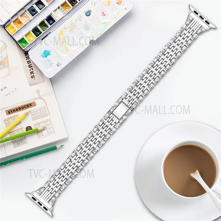 Rhinestones Decor Seven Beads Metal Smart Watch Band for Apple Watch Series 10 42mm / 9 8 7 41mm / 6 5 4 SE SE (2022) SE (2023) 40mm / 3 2 1 38mm - Silver