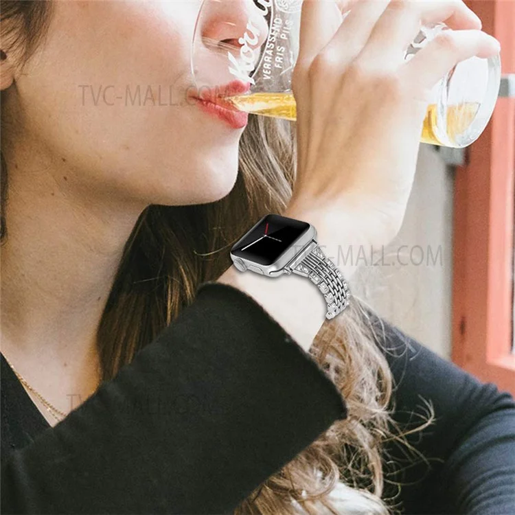 Rhinestones Decor Seven Beads Metal Smart Watch Band for Apple Watch Series 10 42mm / 9 8 7 41mm / 6 5 4 SE SE (2022) SE (2023) 40mm / 3 2 1 38mm - Silver