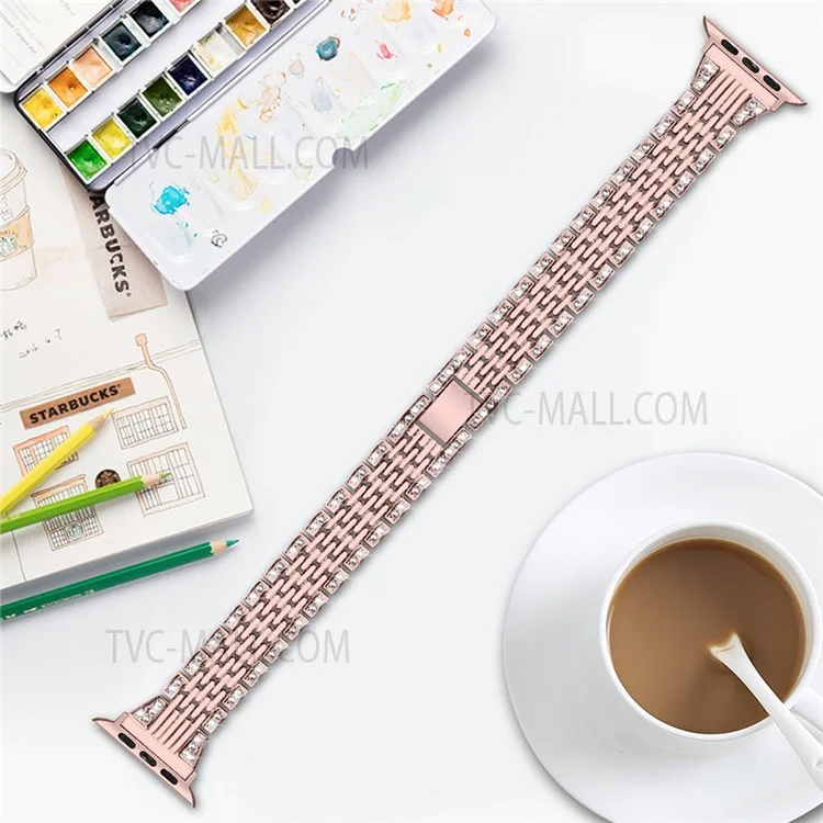 Rhinestones Decor Seven Beads Metal Smart Watch Band pour Apple Watch Series 10 42mm / 9 8 7 41mm / 6 5 4 SE SE (2022) SE (2023) 40mm / 3 2 1 38mm - Rose Rose