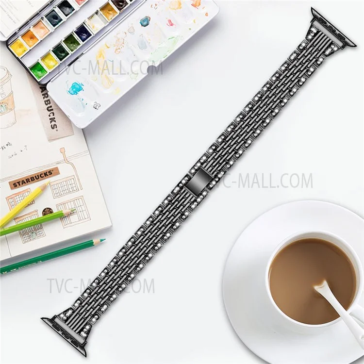 Metall-Uhrenarmband mit sieben Perlen, Rhinestones-Dekor für Apple Watch Series 10 46mm / Ultra 2 Ultra 49mm / 9 8 7 45mm / SE (2023) SE (2022) SE 6 5 4 44mm / 3 2 1 42mm - Schwarz