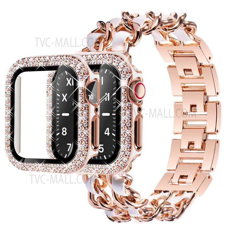 Stainless Steel + PU Leather Chain Strap with Double Row Rhinestone Drop-Proof Protective Case for Apple Watch Series 1 / 2 / 3 38mm - Rose Gold / White Leather