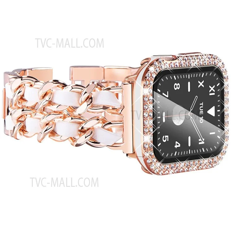 Stainless Steel + PU Leather Chain Strap with Double Row Rhinestone Drop-Proof Protective Case for Apple Watch Series 1 / 2 / 3 38mm - Rose Gold / White Leather