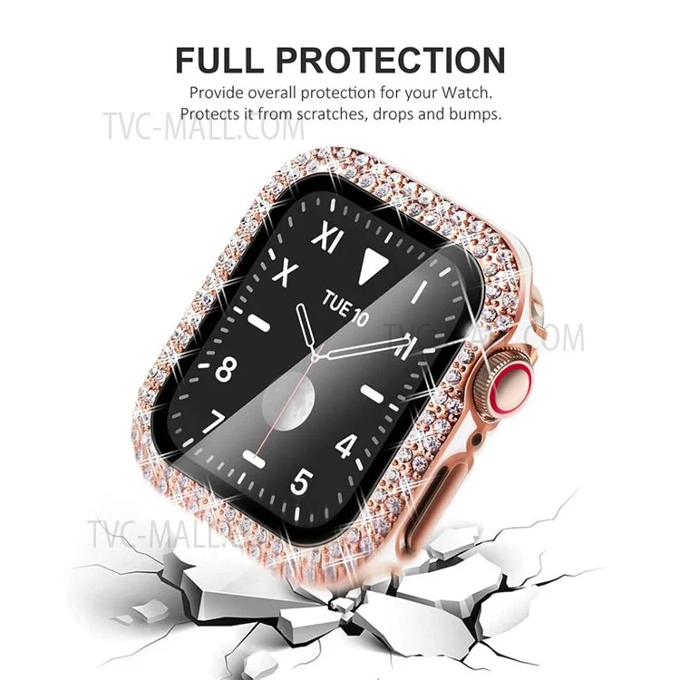Stainless Steel + PU Leather Chain Strap with Double Row Rhinestone Drop-Proof Protective Case for Apple Watch Series 1 / 2 / 3 38mm - Rose Gold / White Leather