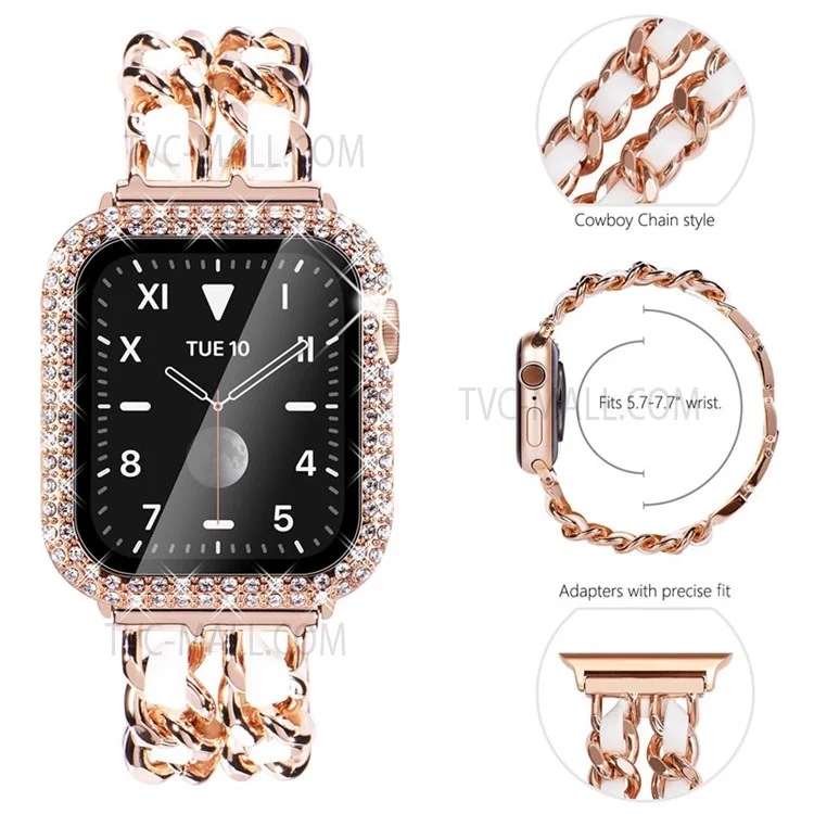 Stainless Steel + PU Leather Chain Strap with Double Row Rhinestone Drop-Proof Protective Case for Apple Watch Series 1 / 2 / 3 38mm - Rose Gold / White Leather