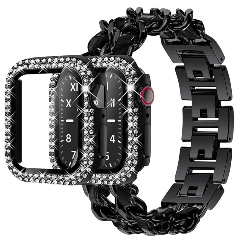 Custodia protettiva antigoccia in acciaio inossidabile + pelle PU con cinturino a catena e doppia fila di strass per Apple Watch Series 1/2/3 38 mm - Nero/Nero in pelle