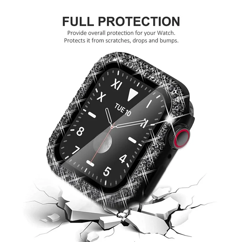 Custodia protettiva antigoccia in acciaio inossidabile + pelle PU con cinturino a catena e doppia fila di strass per Apple Watch Series 1/2/3 38 mm - Nero/Nero in pelle