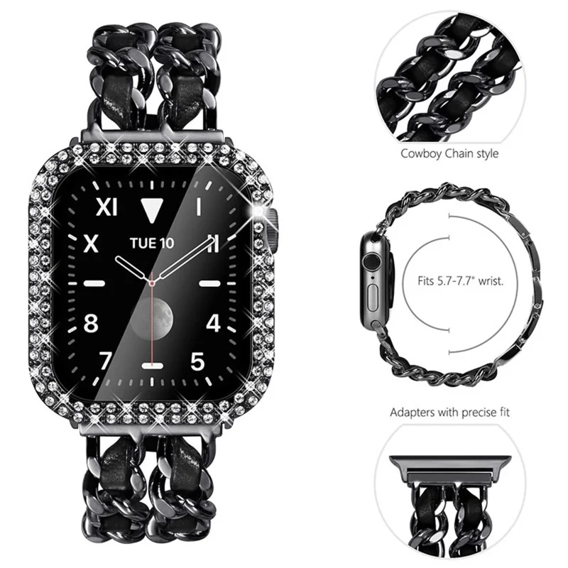 Custodia protettiva antigoccia in acciaio inossidabile + pelle PU con cinturino a catena e doppia fila di strass per Apple Watch Series 1/2/3 38 mm - Nero/Nero in pelle