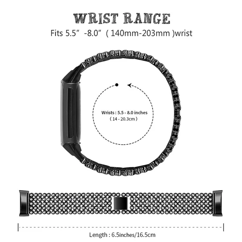 Stainless Steel Rhinestone Decor Replacement Smart Watch Strap Wrist Band for Fitbit Charge 6 / 5 - Black