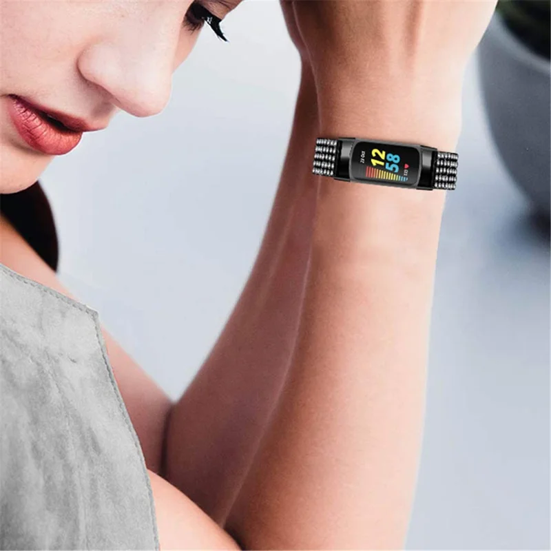 Stainless Steel Rhinestone Decor Replacement Smart Watch Strap Wrist Band for Fitbit Charge 6 / 5 - Black