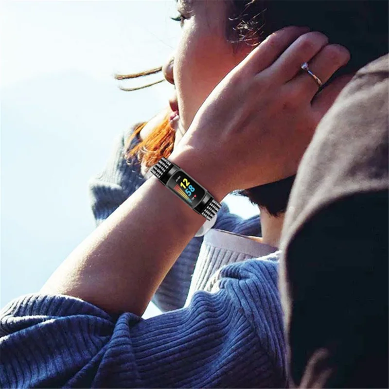 Stainless Steel Rhinestone Decor Replacement Smart Watch Strap Wrist Band for Fitbit Charge 6 / 5 - Black