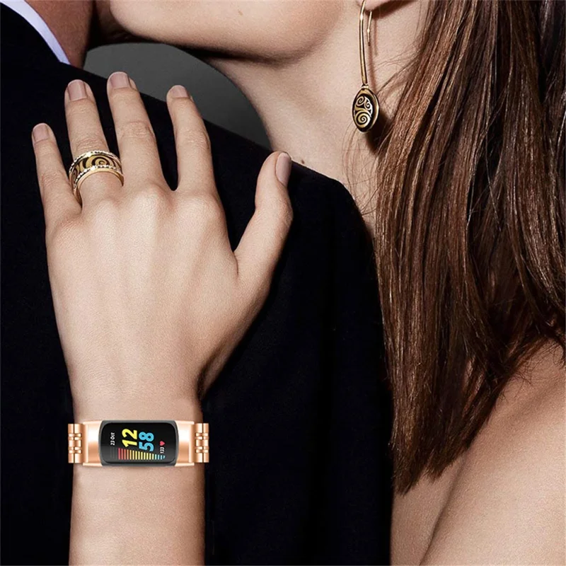 7 Contas em Aço Inoxidável Pulseira Respirável Substituível para Relógio Fitbit Charge 6 / 5 - Dourado Rosa
