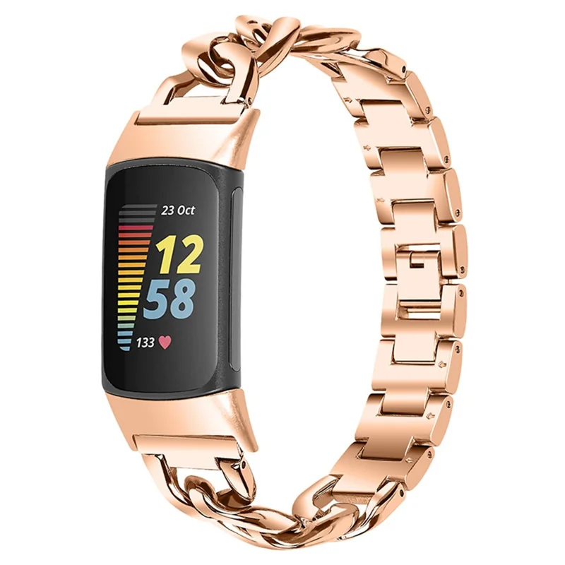 Replacement Watch Band Single Row Chain Watch Strap for Fitbit Charge 6 / 5 - Rose Gold
