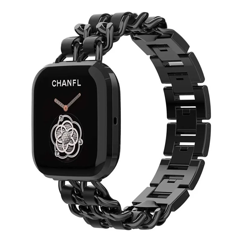 Stainless Steel + PU Leather Chain Watch Band Wrist Strap for Fitbit Versa/Versa 2/Versa Lite/Versa SE - Black/Black Leather