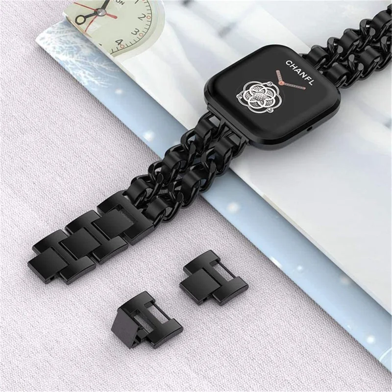 Stainless Steel + PU Leather Chain Watch Band Wrist Strap for Fitbit Versa/Versa 2/Versa Lite/Versa SE - Black/Black Leather