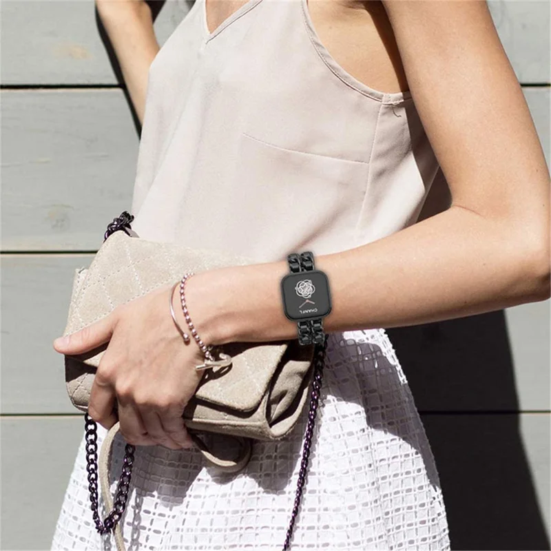 Stainless Steel + PU Leather Chain Watch Band Wrist Strap for Fitbit Versa/Versa 2/Versa Lite/Versa SE - Black/Black Leather