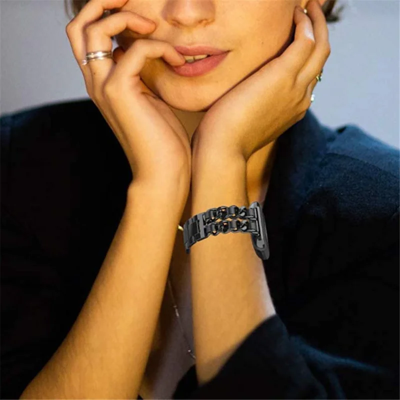 Stainless Steel + PU Leather Chain Watch Band Wrist Strap for Fitbit Versa/Versa 2/Versa Lite/Versa SE - Black/Black Leather