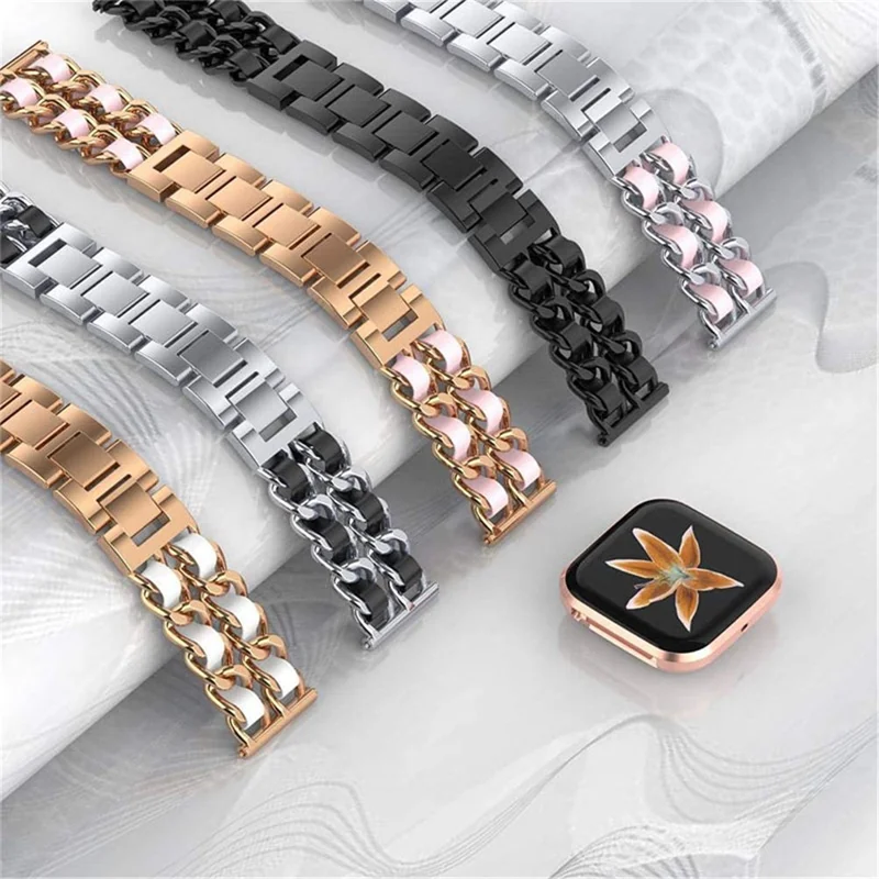 Stainless Steel + PU Leather Chain Watch Band Wrist Strap for Fitbit Versa/Versa 2/Versa Lite/Versa SE - Black/Black Leather