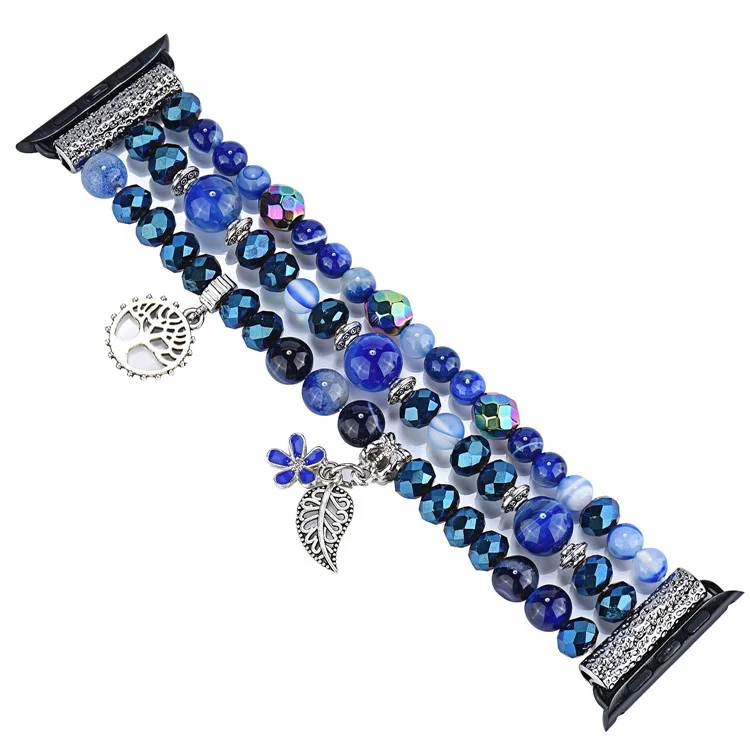 Moda Iwatch Blue Crystal Crythed Bracelete Cinta De Relógio Com Árvore De Vida E Pingente De Folha Para A Apple Watch Série 7 45mm / 4/5/6 / SE 44mm / 1/2/3 42mm.
