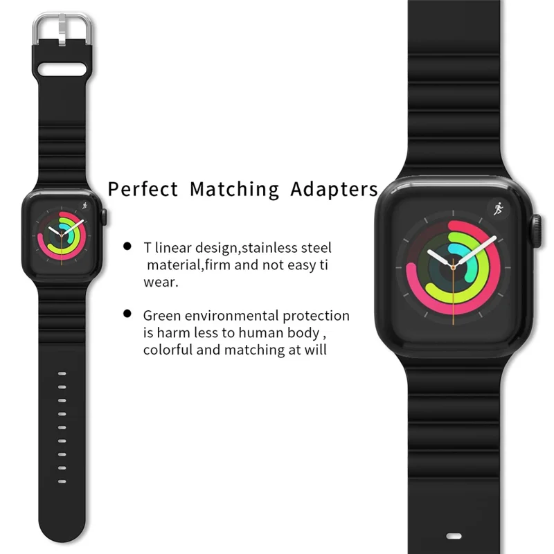 Bande de montre à rayures horizontales en silicone réglable, bracelet de remplacement pour Apple Watch Series 11 10 42 mm / 9 8 7 41 mm / SE3 SE2 SE 6 5 4 40 mm / 3 2 1 38 mm - Noir