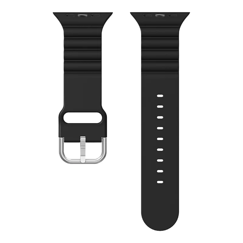 Bande de montre à rayures horizontales en silicone réglable, bracelet de remplacement pour Apple Watch Series 11 10 42 mm / 9 8 7 41 mm / SE3 SE2 SE 6 5 4 40 mm / 3 2 1 38 mm - Noir