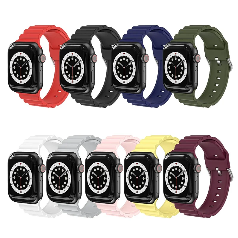 Bande de montre à rayures horizontales en silicone réglable, bracelet de remplacement pour Apple Watch Series 11 10 42 mm / 9 8 7 41 mm / SE3 SE2 SE 6 5 4 40 mm / 3 2 1 38 mm - Noir