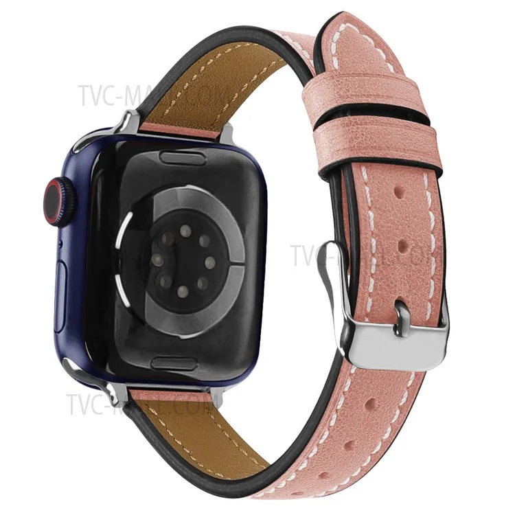 Retro Genuine Leather Narrow Wrist Strap Adjustable Watch Band for Apple Watch Series 11 10 42mm / 9 8 7 41mm / SE3 SE2 SE 6 5 4 40mm / 3 2 1 38mm - Light Pink