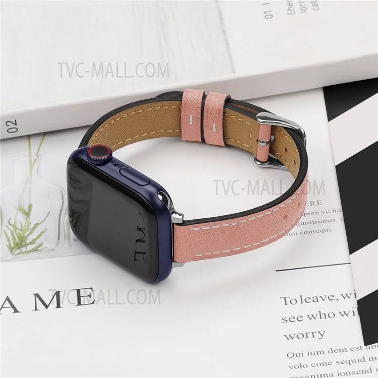 Retro Genuine Leather Narrow Wrist Strap Adjustable Watch Band for Apple Watch Series 11 10 42mm / 9 8 7 41mm / SE3 SE2 SE 6 5 4 40mm / 3 2 1 38mm - Light Pink