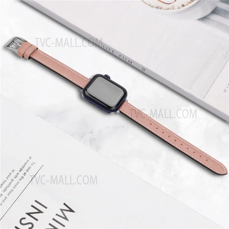Retro Genuine Leather Narrow Wrist Strap Adjustable Watch Band for Apple Watch Series 11 10 42mm / 9 8 7 41mm / SE3 SE2 SE 6 5 4 40mm / 3 2 1 38mm - Light Pink