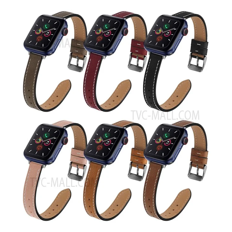 Retro Genuine Leather Narrow Wrist Strap Adjustable Watch Band for Apple Watch Series 11 10 42mm / 9 8 7 41mm / SE3 SE2 SE 6 5 4 40mm / 3 2 1 38mm - Light Pink