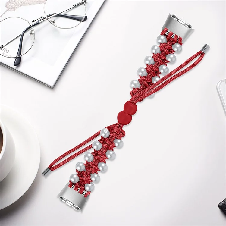 Pearl Decor Design Adjustable Braided Rope Wrist Band Stylish Smart Watch Strap for Samsung Galaxy Fit (SM-R370) - Red