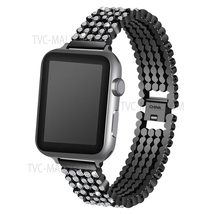 Bling Rhinestone Decor 5-Bead Metal Watch Strap Replacement for Apple Watch Series 10 46mm / Ultra 2 Ultra 49mm / 9 8 7 45mm / SE (2023) SE (2022) SE 6 5 4 44mm / 3 2 1 42mm - Schwarz