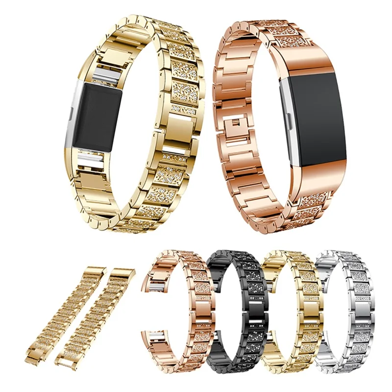 Three Beads Rhinestones Decor Metal Wrist Strap Replacement Watchband for Fitbit Charge 2/Charge 2 HR - Gold