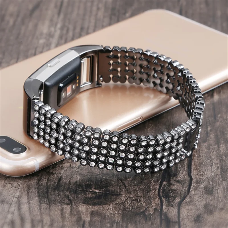 Cinco Filas Redondos Perlas Rhinestones Decoración Metal Smart Watch Band Reemplazo Correa De Muñeca Para FitBit Cargar 2 / Cargar 2 Hr - Negro