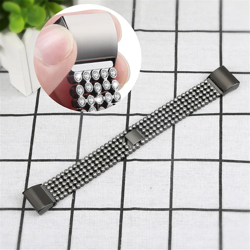 Cinco Filas Redondos Perlas Rhinestones Decoración Metal Smart Watch Band Reemplazo Correa De Muñeca Para FitBit Cargar 2 / Cargar 2 Hr - Negro