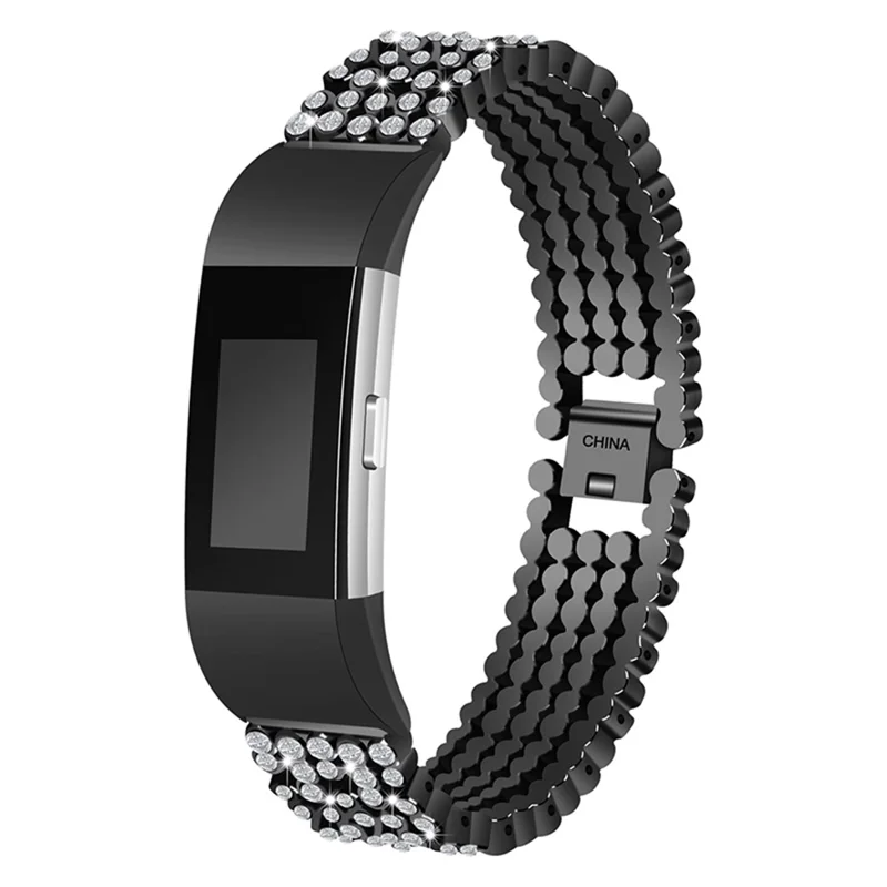 Cinco Filas Redondos Perlas Rhinestones Decoración Metal Smart Watch Band Reemplazo Correa De Muñeca Para FitBit Cargar 2 / Cargar 2 Hr - Negro