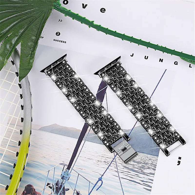 2 Rows Rhinestones Decor Replacement Metal Watchband Wrist Strap for Apple Watch Series 9 / 8 / 7 41mm / 6 / 5 / 4 / SE (2023) / SE(2022) / SE 40mm / 3 / 2 / 1 38mm - Black