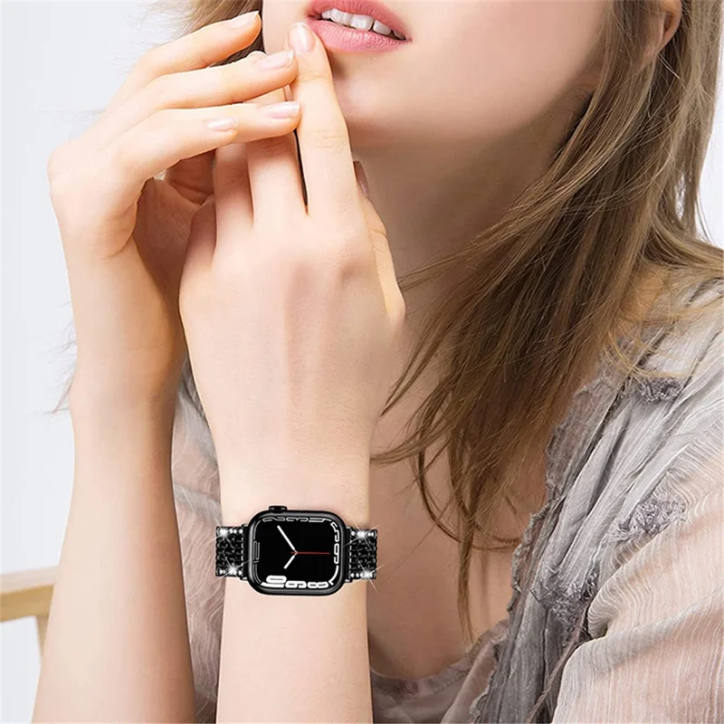 2 Rows Rhinestones Decor Replacement Metal Watchband Wrist Strap for Apple Watch Series 9 / 8 / 7 41mm / 6 / 5 / 4 / SE (2023) / SE(2022) / SE 40mm / 3 / 2 / 1 38mm - Black