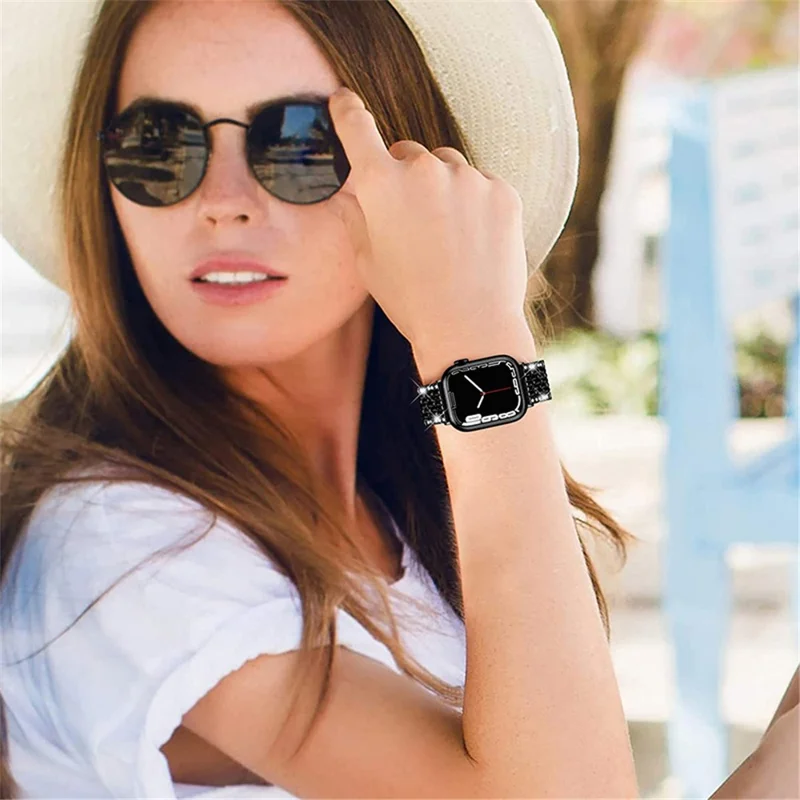 2 Rows Rhinestones Decor Replacement Metal Watchband Wrist Strap for Apple Watch Series 9 / 8 / 7 41mm / 6 / 5 / 4 / SE (2023) / SE(2022) / SE 40mm / 3 / 2 / 1 38mm - Black