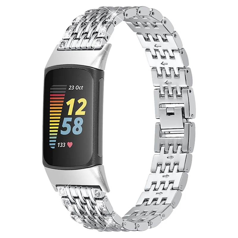 Stylish 2 Rows Rhinestones Decor Replacement Metal Watchband Wrist Strap for Fitbit Charge 6 / 5 - Silver