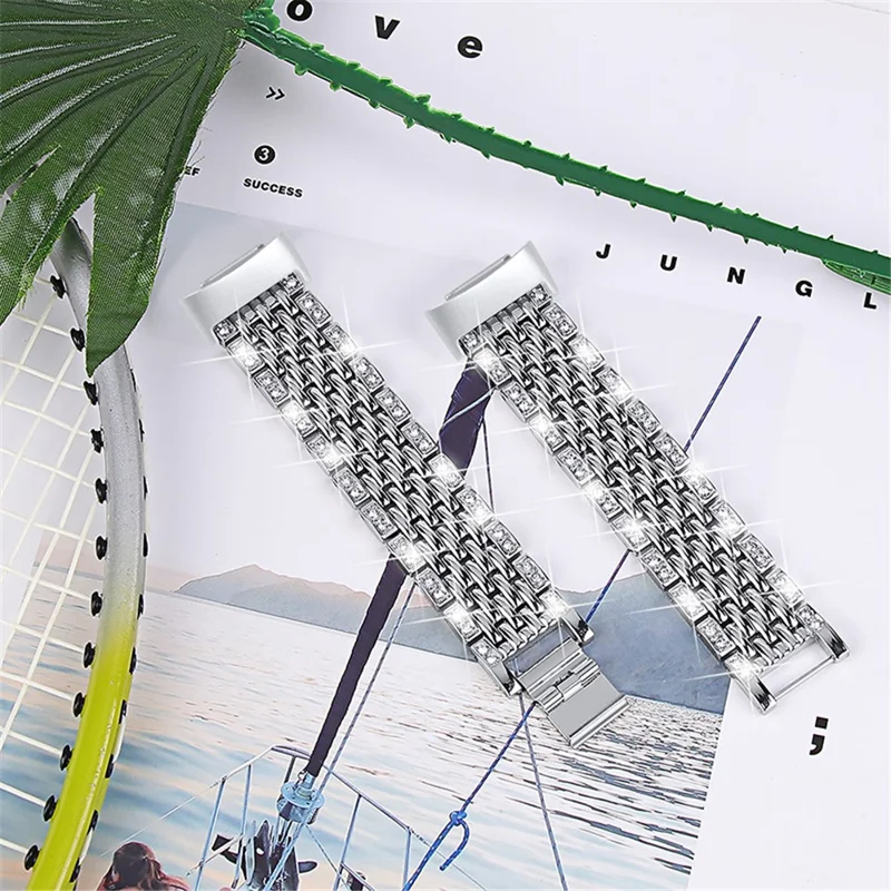 Stylish 2 Rows Rhinestones Decor Replacement Metal Watchband Wrist Strap for Fitbit Charge 6 / 5 - Silver