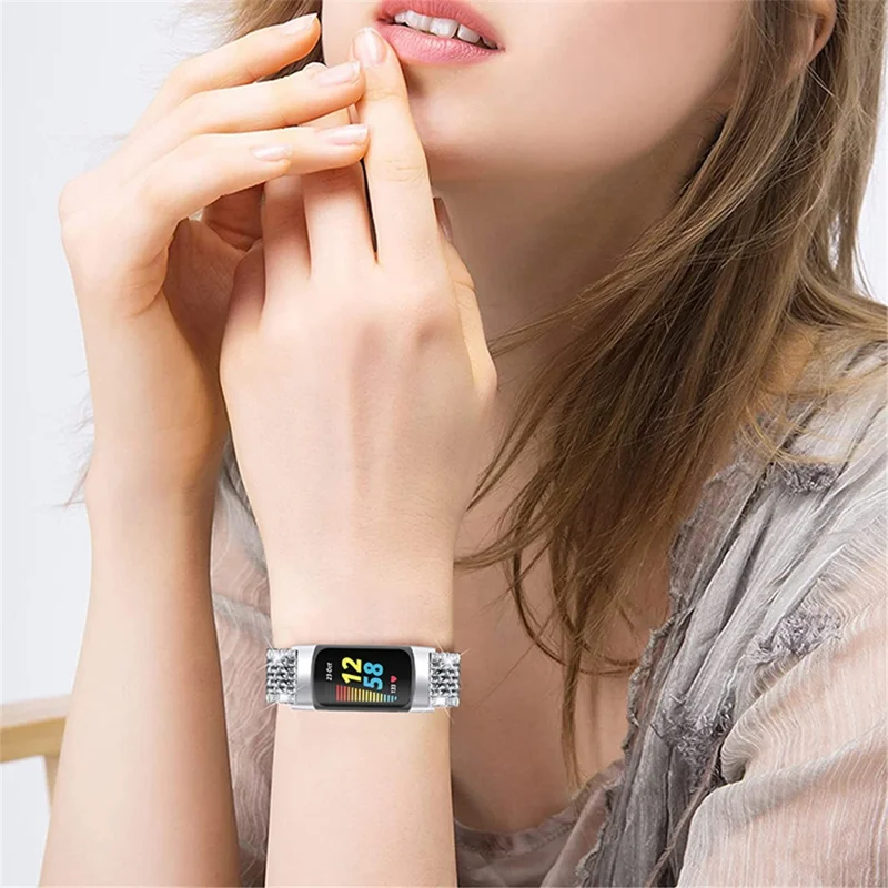 Stylish 2 Rows Rhinestones Decor Replacement Metal Watchband Wrist Strap for Fitbit Charge 6 / 5 - Silver