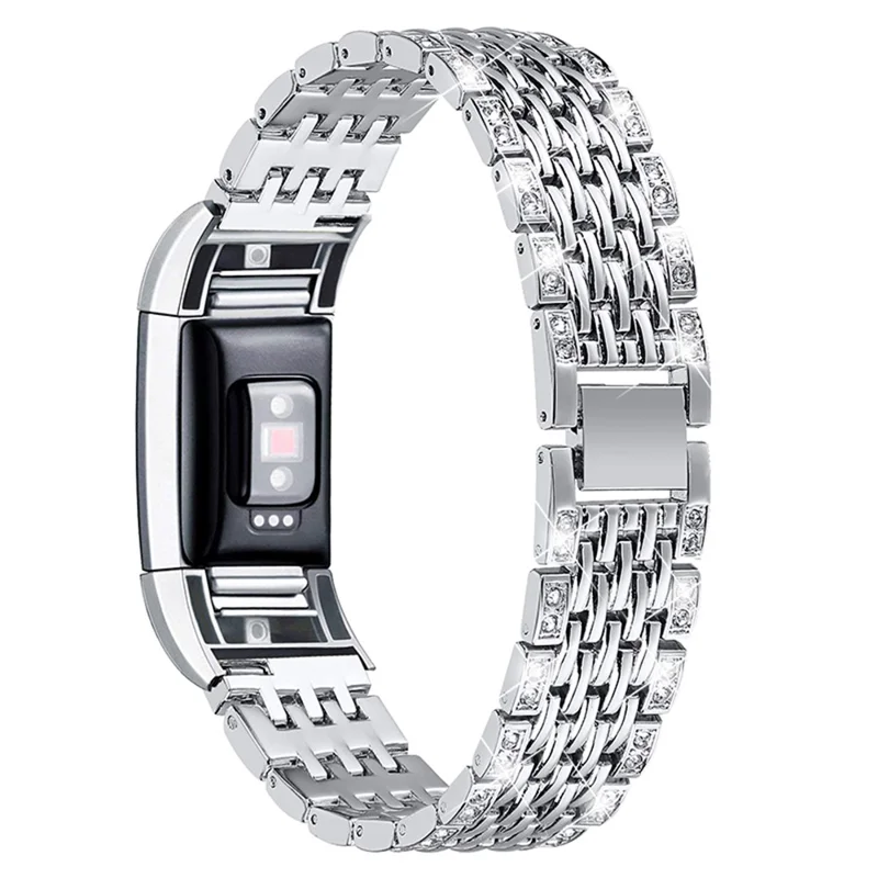 2 Rows Fashionable Rhinestones Decor Replacement Metal Watchband Wrist Strap for Fitbit Charge 2/Charge 2 HR - Silver