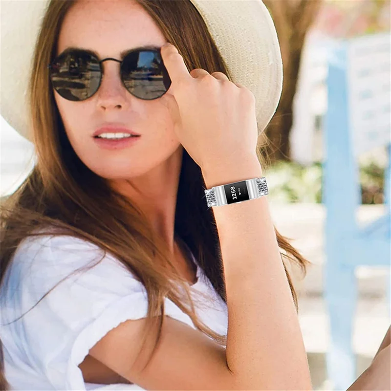 2 Rows Fashionable Rhinestones Decor Replacement Metal Watchband Wrist Strap for Fitbit Charge 2/Charge 2 HR - Silver